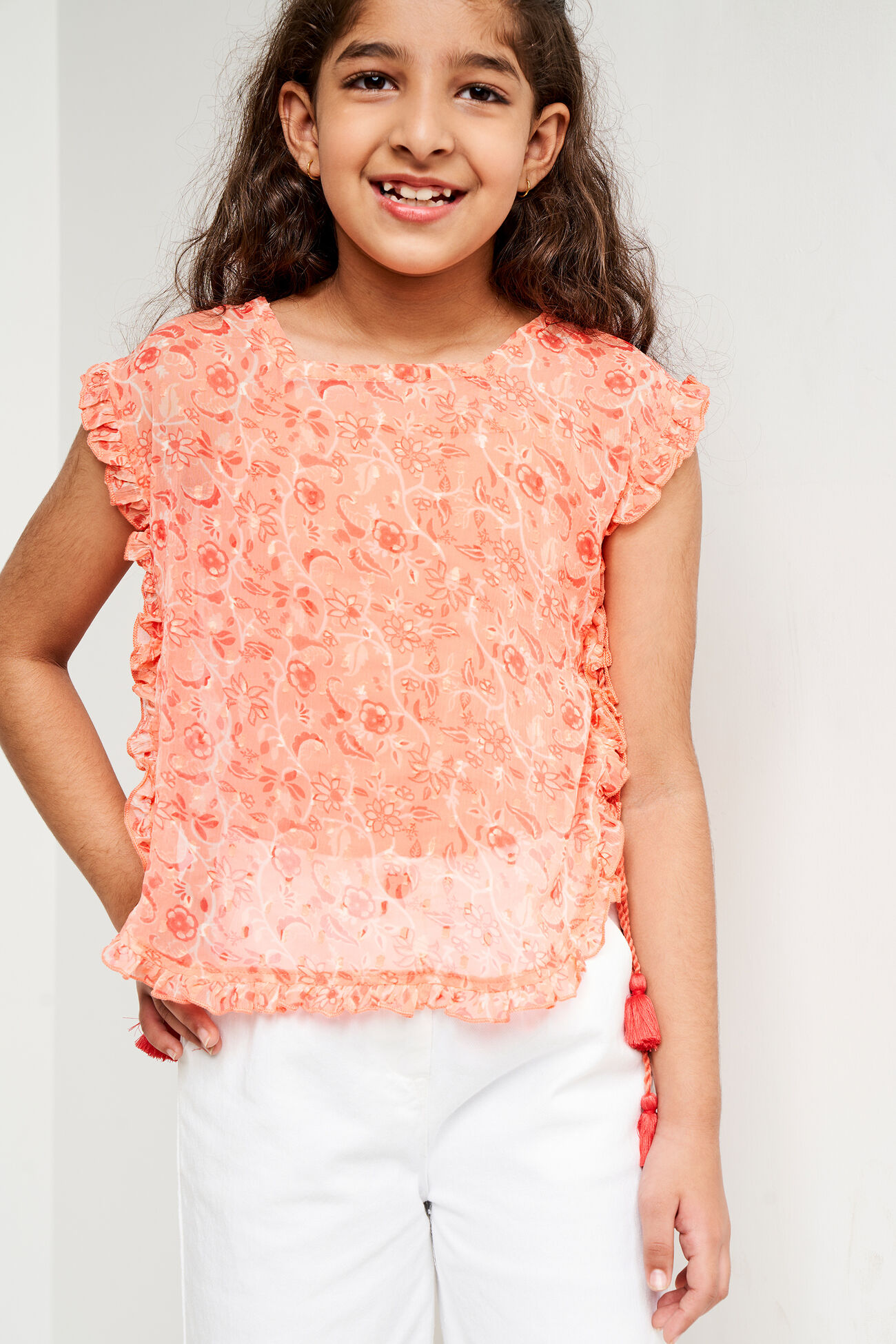 Coral Floral Flounce Top, Coral, image 3
